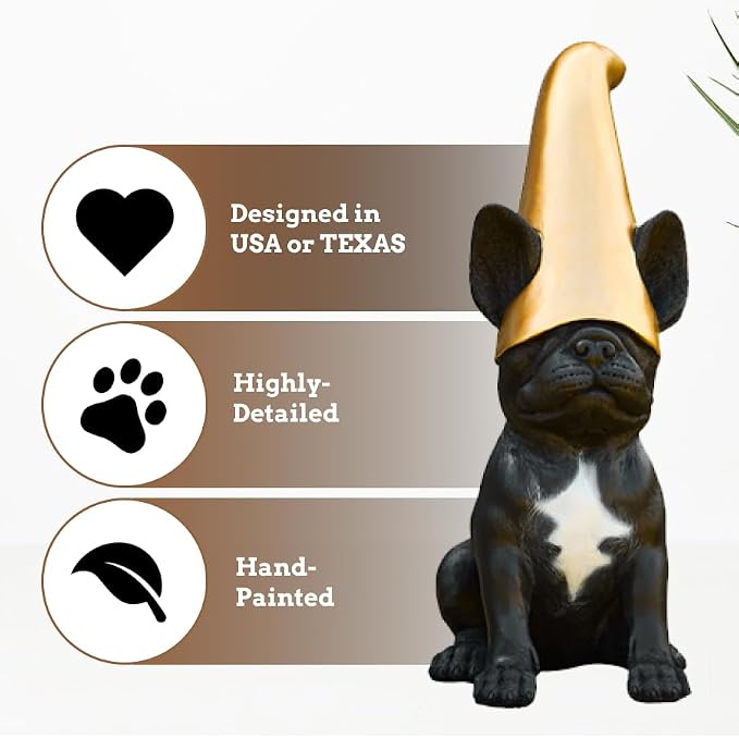 Frenchie Gnome - Black Frenchie Statue with Gold Hat | Doodle Gnome Cute French Bulldog Decor Garden Gnome