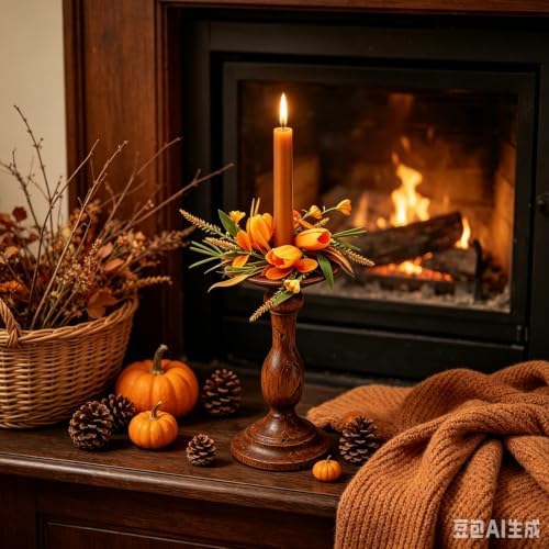 6 Pcs 1.38" Mini Fall Taper Candle Rings Wreaths Small Artificial with Orange Tulips Yellow Flowers Wheat Grass Green Leaves Orange Decorative Leaves Taper Candle Holder Wreath for Candlesticks Decor - Image 2