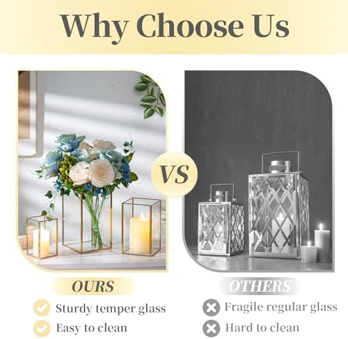 Hewory Glass Hurricane Candle Holder, 3Pcs Gold Rectangle Flower Holders - Image 6