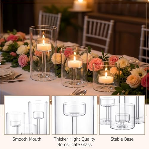 12 Set Hurricane Glass Candle Holders Pillar Votive Hand Blown Clear Cylinder Vase Modern Rustic Table Centerpieces Bulk 3 Sizes (2.8''/4.3''/6'' H) - Image 3