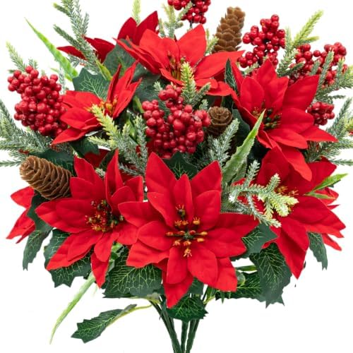 4 Pack Poinsettia Flowers Artificial Christmas Flowers Bouquet by YILIUFA