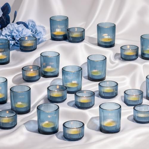 Glasseam Glass Votive Candle Holders Bulk 24Pcs Ribbed Blue Tealight Decor by Glasseam