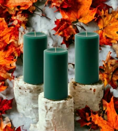 Mister Candle Dripless Unscented Pillar Candles, Set of 3 Hand Poured Hunter Green Pillar Candles, Solid Color Non-Scented Candles for Home Decor, Premium Wax, 80 Hr Burn Time, 3x6 Inch - Image 3