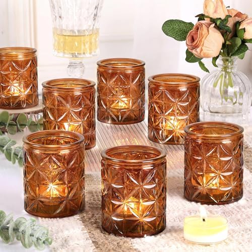 12 Pack Vintage Amber Votive Candle Holders, Glass Candle Holders for Wedding Table Centerpiece, Small Tealight Candle Holder for Home Decor, Tea Lights Candle Holder for Party, Boho Fall Decor by TripodBird