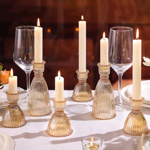 Gold Candlestick Holders Set of 6-4pcs 3.5"& 2pcs 6" Assorted Taper Candle Holder Centerpieces for Wedding, Ribbed Glass Candle Holders Bulk for Party Table Decor, Modern Home Decor by LAMORGIFT