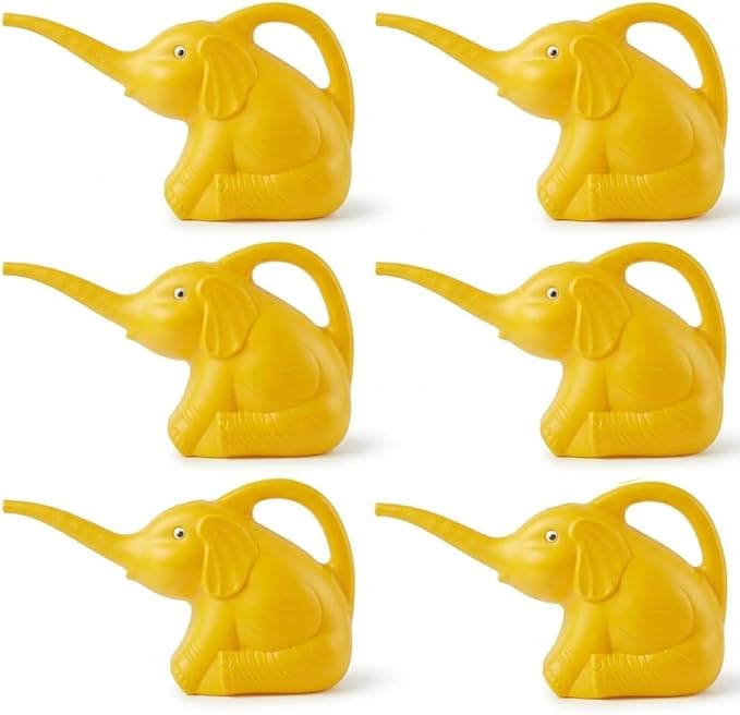 PMU 6Pcs 2-Quart Elephant Watering Can – Durable Plastic Garden Watering Can for Indoor & Outdoor Plants, Easy-Pour Spout, Large Water Pot, Yellow