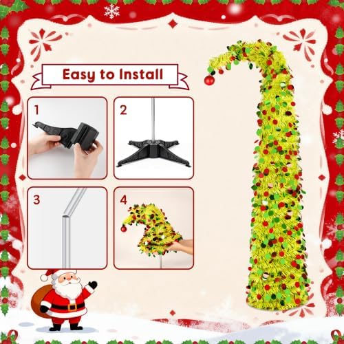 5ft Whimsical Pop Up Christmas Tree with 100 Lights, Lime Green Curved Top Collapsible Tinsel Christmas Tree with Ball Ornaments for Fireplace Porch Corner Apartment Home Indoor Holiday Party Decor - Image 4