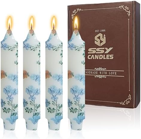 7 inch Short Candle Floral Candle Sticks Printed Candlestick Handmade Unscented Taper Candle 4 Pack Light Blue Flower Tapered Candles for Home Dinner Wedding Holiday by XINAOBAOLUO