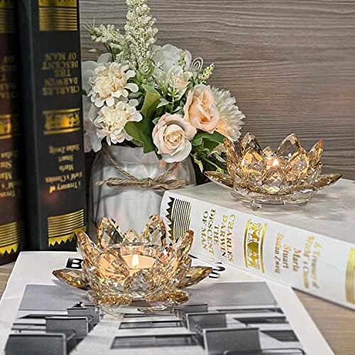 Crystal Lotus Flower Tealight Candle Holders/Glass Tea Light Candlestick Decor Decoration for Christmas Home Wedding Party(1, Gold 2pcs) - Image 2