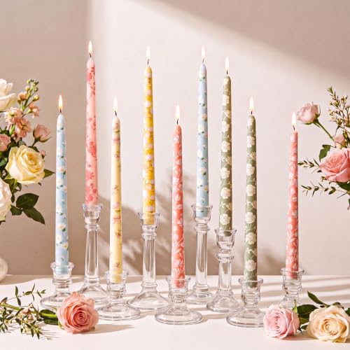 12pcs Colorful Floral Taper Candle 9.8" Flower Tapered Candlestick by Conelist