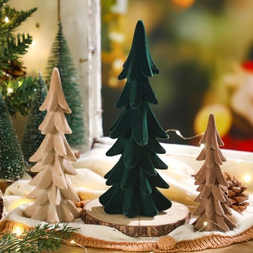 Cinnvoice 3 Set Velvet Christmas Tree Figurines, Khaki, Brown, Green - Image 3