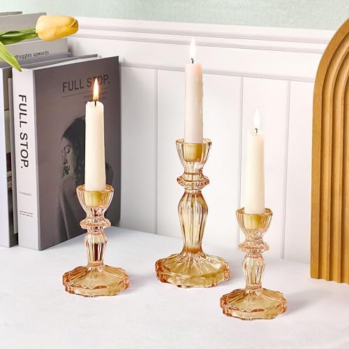 Glass Candlestick Holders Set of 3, Amber Stripe Taper Candle Holders for Table Centerpiece, Home Decorations, Wedding and Party - Image 4