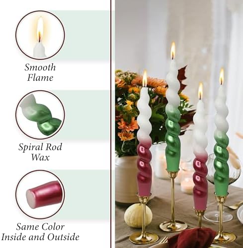 7.5 Inches Christmas Spiral Taper Candles Colorful Twisted Candle Dripless Long Candles, Handmade Candlesticks for Wedding Dinner Decor, Set of 4(Gradient Metallic Red Green) - Image 3