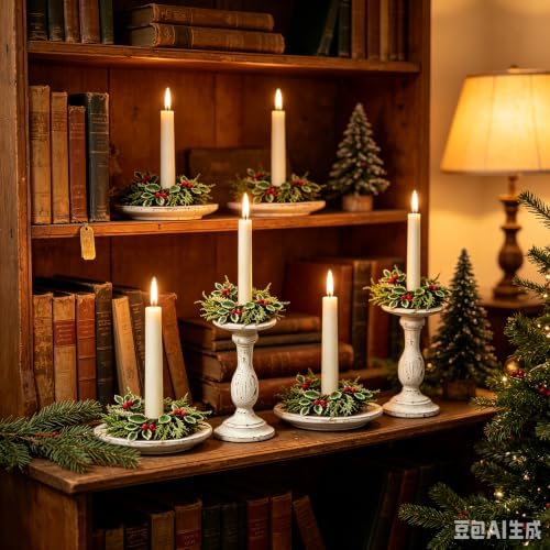 6 Pcs 1.38" Mini Christmas Taper Candle Rings Wreaths Small Artificial with Variegated Holly Leaves Red Berries White Cedar Sprigs Frosted Baby Breath Taper Candle Holder Wreath for Table Candlesticks - Image 5