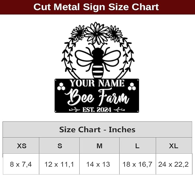 MeMate Bee Farm Flowers Sign, Custom Name Sign Metal for Bee Lovers, Garden Sign to Personalize, Bee Garden Art Decorations, Personalized Bee Sign, 8-24 inches Large Metal Sign, Gift for Beekeeper