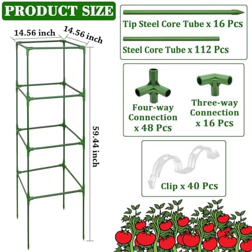 ZeeDix Tomato Cages with Bird Netting Set - 4 Pack 60 Inches Heavy Duty Tomato Cages + 4 Pack 57 Inches Garden Mesh Barrier for Tomatoes Climbing Vegetables Flowers