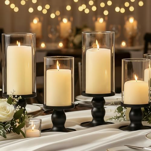 NITIME 4Pcs Hurricane Candle Holder for Pillar Candles, Black Candle Holders with Clear Glass Sleeve for Table Centerpieces,Pillar Candle Holders for Home Decor, Wedding, Holiday and Party Decor by NITIME