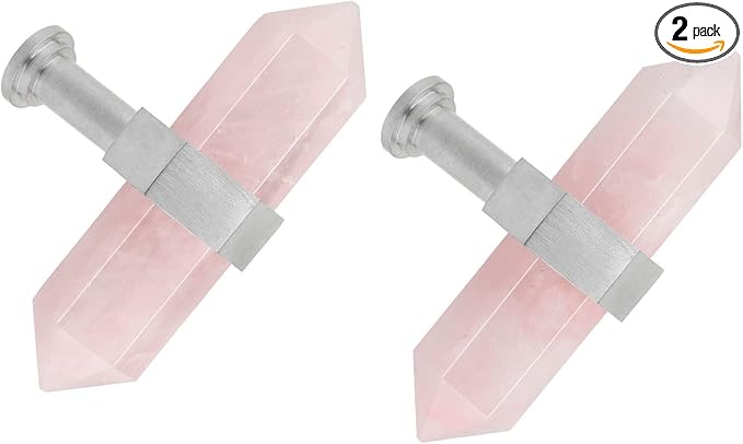 mookaitedecor Set of 2 Rose Quartz Double Crystal Points Drawer Knobs with Screws, Decorative Stone Cabinet Handle Pulls for Dresser Cupboard Kitchen Decor, Brushed Stainless Steel