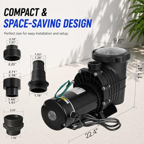 SmarketBuy 1.5HP Swimming Pool Pump, Dual Voltage 115/230V High Flow Pool Pump, 108 GPM In/Above Ground Pool Pumps with Large Strainer Basket, 7 Pcs Connectors