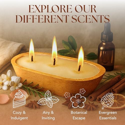 Dough Bowl Candle Co. Winterberry Soy Candle - 3 Wick Rustic Farmhouse Decor Odor Eliminator in Wooden Bowl, 20 Ounce, All-Natural Gift for Women and Men, Coffee Table Decor - Image 3