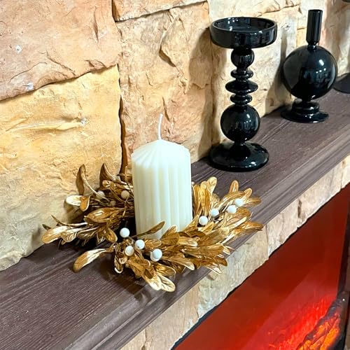 2 Pcs Gold Christmas Candle Rings Wreaths Artificial Gold Boxwood Leaf Wreath for Pillar 3.9 Inch Candles Holder for Christmas Xmas Winter Rustic Table Centerpiece Decor - Image 6