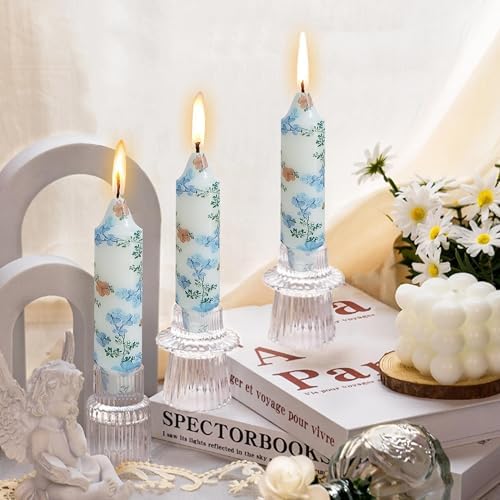 5 inch Short Candle Blue Floral Candle Sticks Printed Candlestick Handmade Unscented Taper Candle 4 Pack Blue Flower Tapered Candles for Home Dinner Wedding Holiday - Image 2