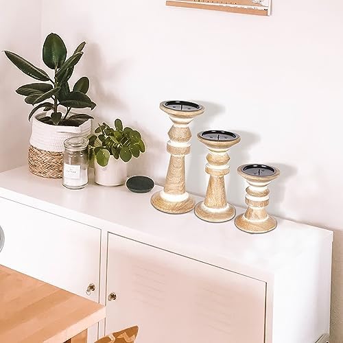 Lightnpro Wooden Pillar Candle Holders Set of 3 - Decorative Vintage Rustic Farmhouse Style Wooden Candle Stands for Home Décor, Gift, Wedding & Everyday Use - White Wash - 10", 8", 6" - Image 3
