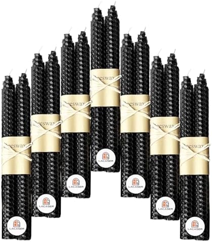 Lacaser Beeswax Black Taper Candles Set of 14 pcs, 9" Long Black Candlesticks, Smokeless & Unscented, Burning Time 4 Hours by PureWaxPureNature