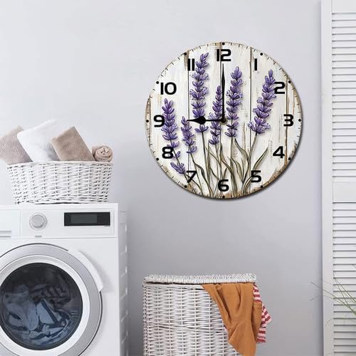 Lavender Flower Wooden Silent Non-Ticking 10 Inch Round Clocks Battery Operated Analog for Living Room Kitchen Bedroom Bathroom Office Home School Decor