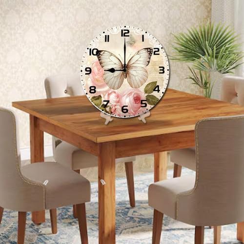 Butterfly Rose Flower Wooden Silent Non-Ticking 10 Inch Round Clocks Battery Operated Analog for Living Room Kitchen Bedroom Bathroom Office Home School Decor