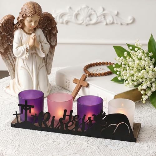 He is Risen Easter Decor, 4 Glass Votive Tealight Candle Holders & 1 Wooden Tray, Easter Religious Decor for Church Event Pray Table Centerpiece, Christian Gift - Image 2