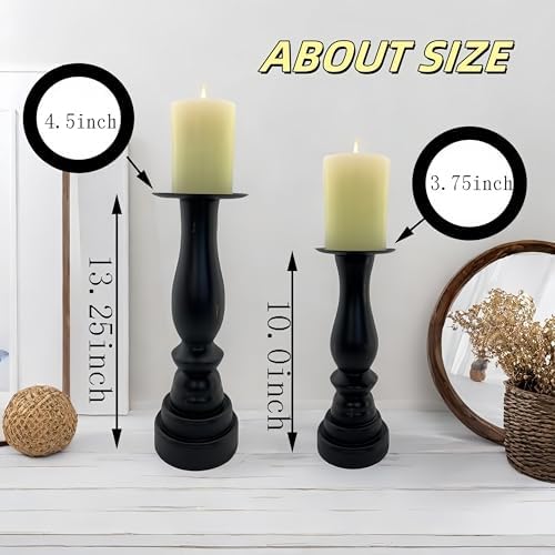 Black Worn Pillar Candle Holder - Rustic Wooden Farmhouse Candlestick Holders for - 2 Piece Set - Image 6