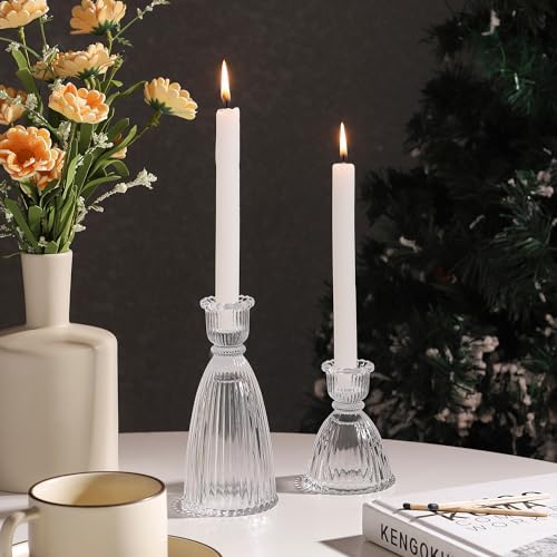 Vertical Stripe Candlestick Holders Set of 3, Premium Glass Candle Holders for Candlesticks and Taper Candles, Vintage Candle Holder Decor for Table Centerpiece, Clear - Image 5