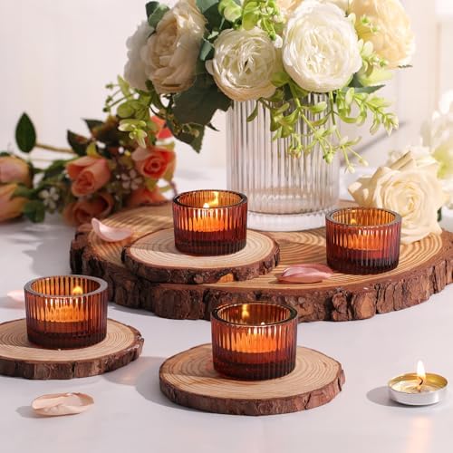 NITIME 30Pcs Ribbed Amber Votive Candle Holders for Fall Table Decor, Amber Tea Light Candle Holders with 32pcs Tea Light Candles for Wedding Decor, Home Decor and Party Decor - Image 3