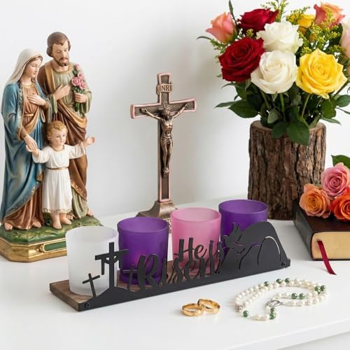He is Risen Easter Decor, 4 Glass Votive Tealight Candle Holders & 1 Wooden Tray, Easter Religious Decor for Church Event Pray Table Centerpiece, Christian Gift - Image 3