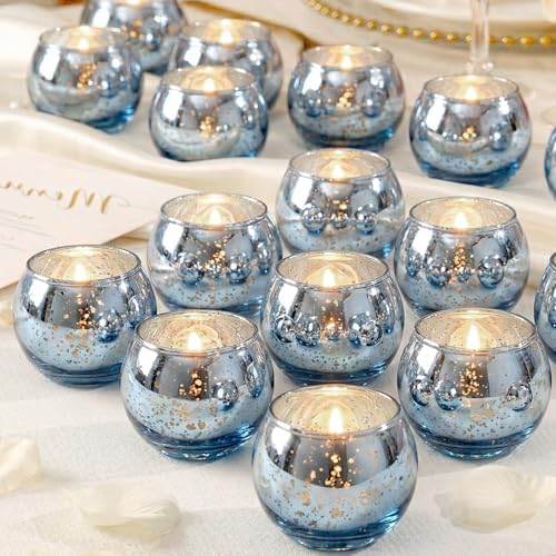 24 Pcs Blue Votive Candle Holders- Blue Centerpieces for Tables, Round Mercury Glass Candle Holder for Wedding Decor, Bridal Shower Decorations by LAMORGIFT