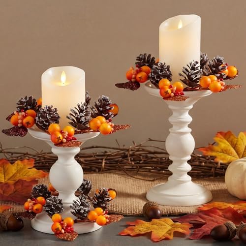 Daifunli 2 Pcs Fall Pillar Berry Candle Ring 3.25 Autumn Maple Pine Cones Acorns Wreath Candles Holder for Thanksgiving Winter Christmas Rustic Table Centerpiece Mantel Door Decor by Huiinen