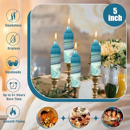 5 inch Short Candle Blue Quicksand Print Candle 4 Pack Handmade Unscented Taper Candles Printed Candlestick Smokeless Tapered Candles for Home Dinner Wedding Holiday - Image 3