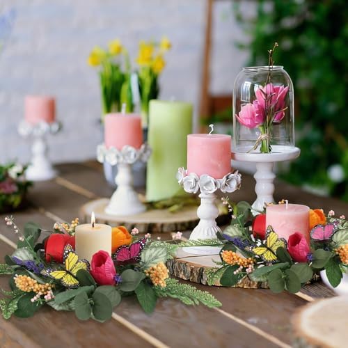 6 PCS Spring Lavender Tulips Candle Rings Wreaths Artificial Floral Pillar Candle Holder Wreaths with Butterfly Mini Spring Summer Candle Rings for Table Centerpiece Home Farmhouse Cabinet Porch Decor - Image 4