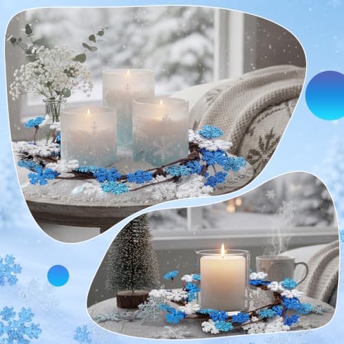 Daifunli 2 Pcs Winter Blue Snowflake Candle Rings Snowflake Wreath Glitter Vintage Wood Wreaths for Pillar 6 Inch Candles Holder for Winter Christmas Rustic Table Centerpiece Decor - Image 3