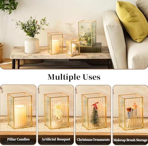 Glasseam Gold Hurricane Glass Candle Holders, Square Ribbed Pillar Set of 3 - Image 5