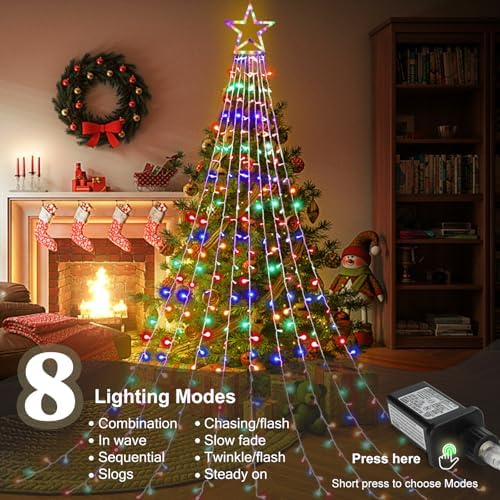 (New) Christmas Lights, Outdoor Christmas Decorations, 320 LED Waterfall String Lights, 8 Light Modes Chrsitmas Lights with 12" Star Tree Topper for Yard, Party, New Year (Multicolor) - Image 4