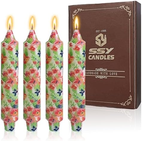 7 inch Short Candle Floral Candle Sticks Printed Candlestick Handmade Unscented Taper Candle 4 Pack Flower Tapered Candles for Home Dinner Wedding Holiday by XINAOBAOLUO