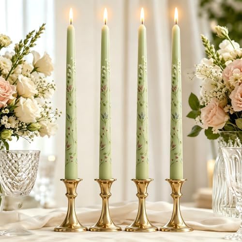 Floral Taper Candles 10in Green Candle Sticks for Thanksgiving Table Decor by Gedengni