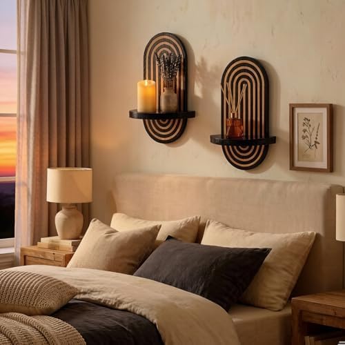 Black Arch Candle Sconces Set of 2, Wooden Wall Mounted Candle Holders for Pillar Candles & Tealight Candles, Boho Farmhouse Wall Decor for Hallway Fireplace Bedroom Living Room - Image 4