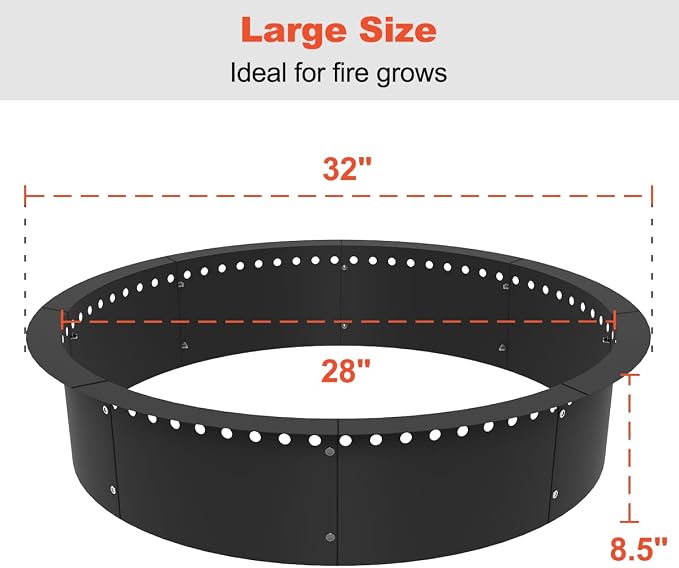 Koutemie Outdoor Smokeless Fire Pit Ring Liner 32-Inch Outer/28-Inch Inner Diameter, Heavy Duty Solid Metal Steel Round Firepit Rim Insert for Outside DIY Campfire Ring Above or In-Ground, Black