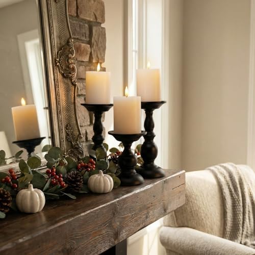 BANOMII Black Pillar Candle Holders Set of 3, Vintage Candle Holder for Table Centerpiece & Fireplace Decor, Decorative Antique Candle Stand for Dining & Living Room Decoration - Image 3