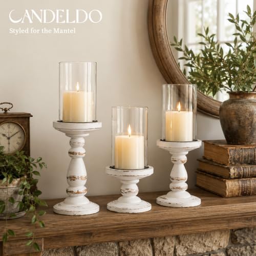 Candeldo White Wooden Hurricane Candle Holders for Pillar, Farmhouse Decor - Image 5