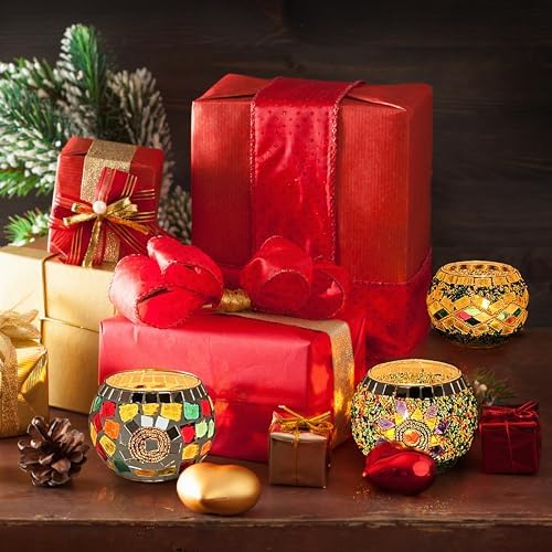 SHMILMH Glass Candle Holder Set of 4, Diwali Gift Votive Candle Holders Handmade Mosaic Glass Tealight Holders Diwali Christmas Table Decorations for Home - Image 6