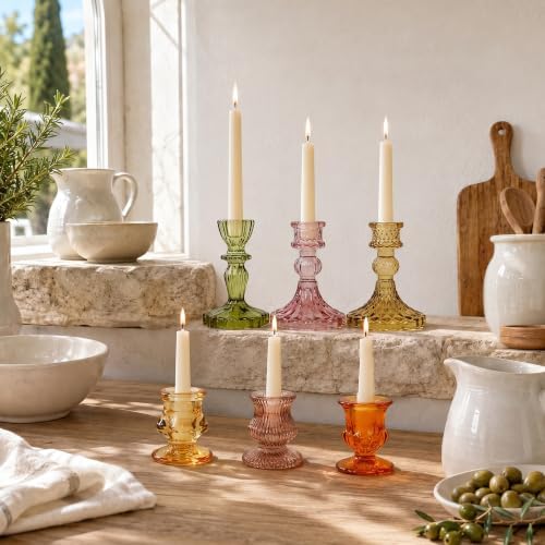 Colored Taper Candle Holders for Candlesticks, 6 Colors 6 Patterns Vintage Glass Candlestick Holders Set Fall Decor, for Wedding Table Centerpiece, Thanksgiving (24, Fall Mixed Color) - Image 6